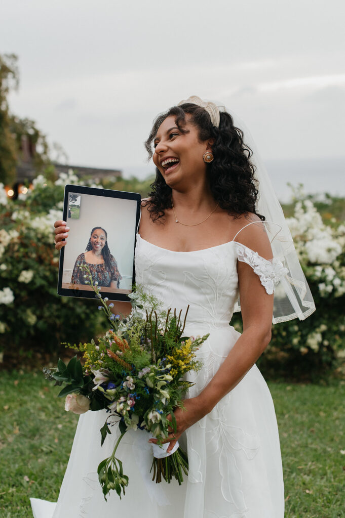 Wedding portraits in a tropical garden with colorful flowers
