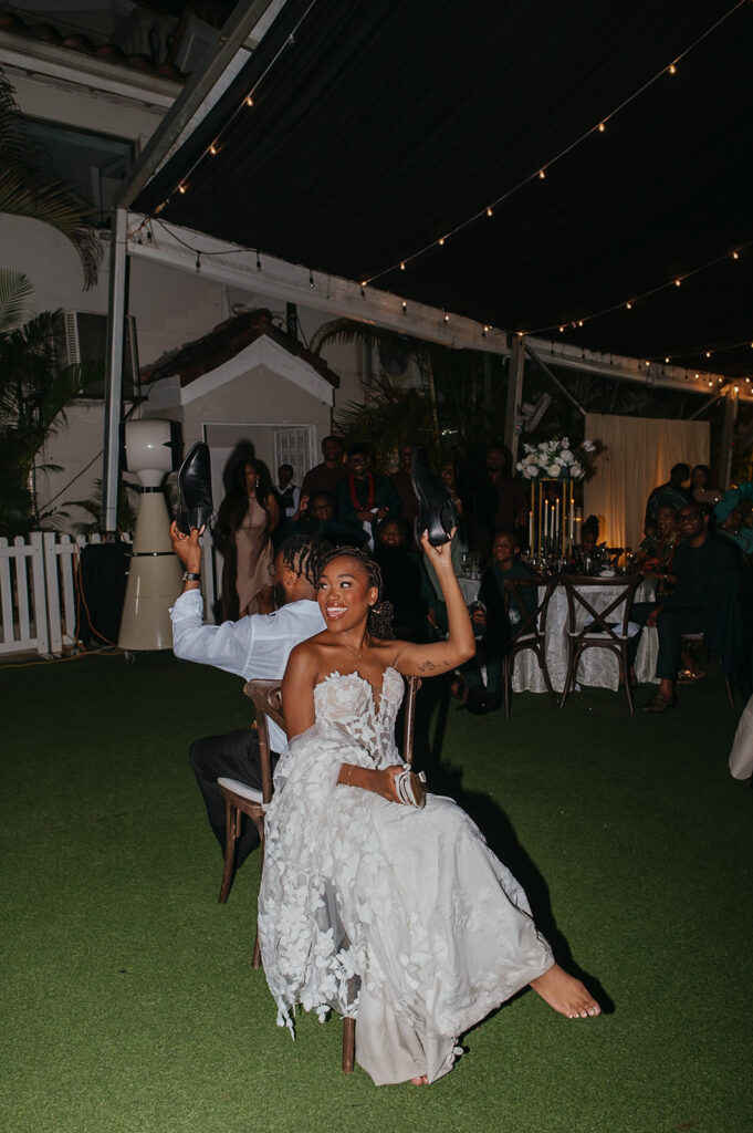Friends and family celebrating on the dance floor during the wedding reception.